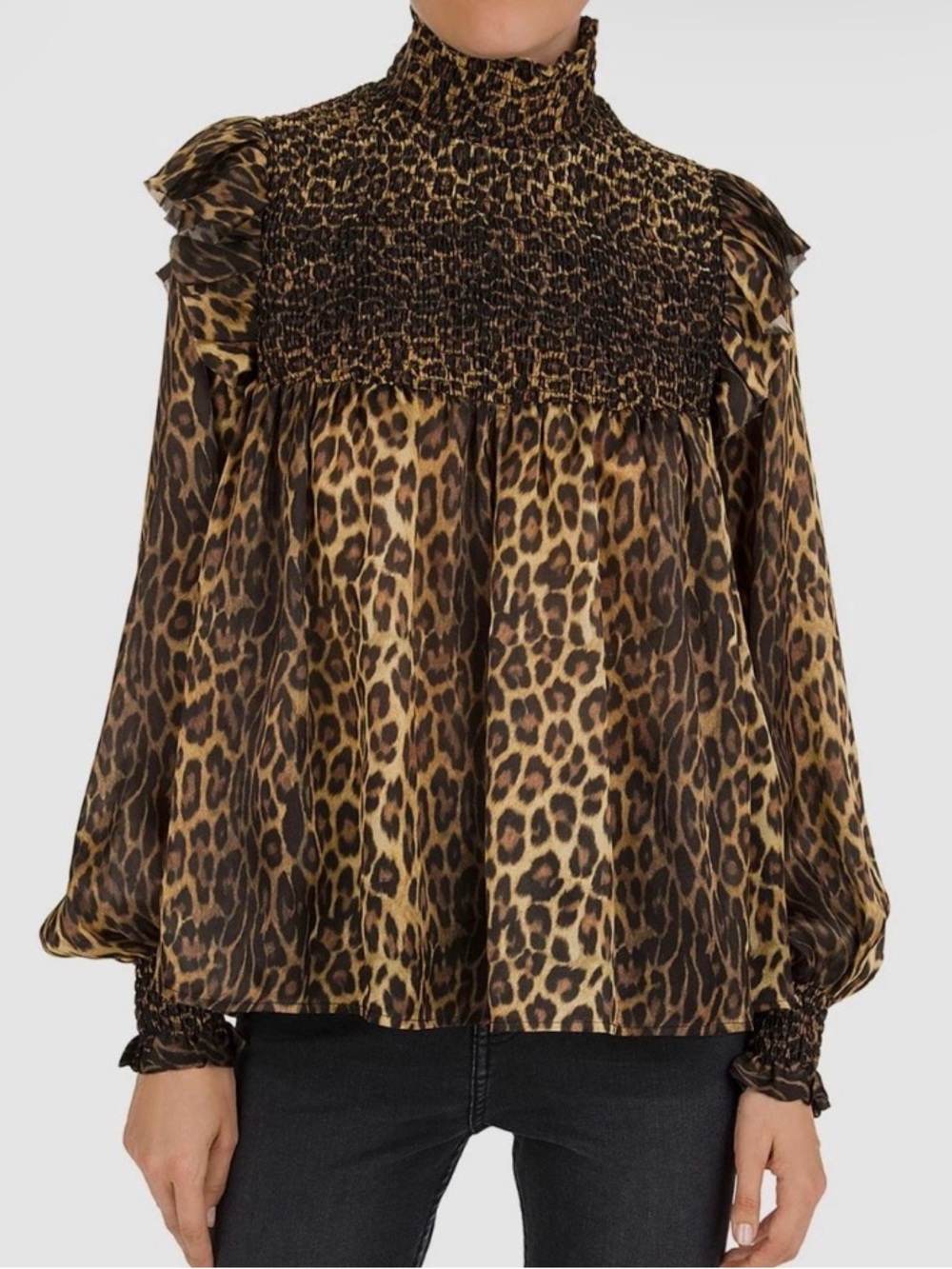 The Kooples smocked leopard animal print silk blouse top brown black sz 6 M
